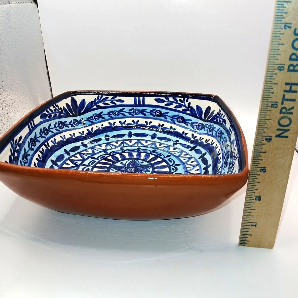 Olaria S.P Corval Bowl Hand Painted Blue & White Terracotta Mandela Pattern 9x9